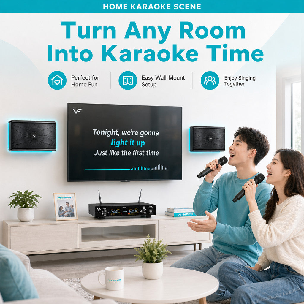Vinnfier VF ULTRA PRO 8 Inch Karaoke Set Amplifier 400W Wall-Mount Speakers 480W + 2 Wireless Professional Microphone