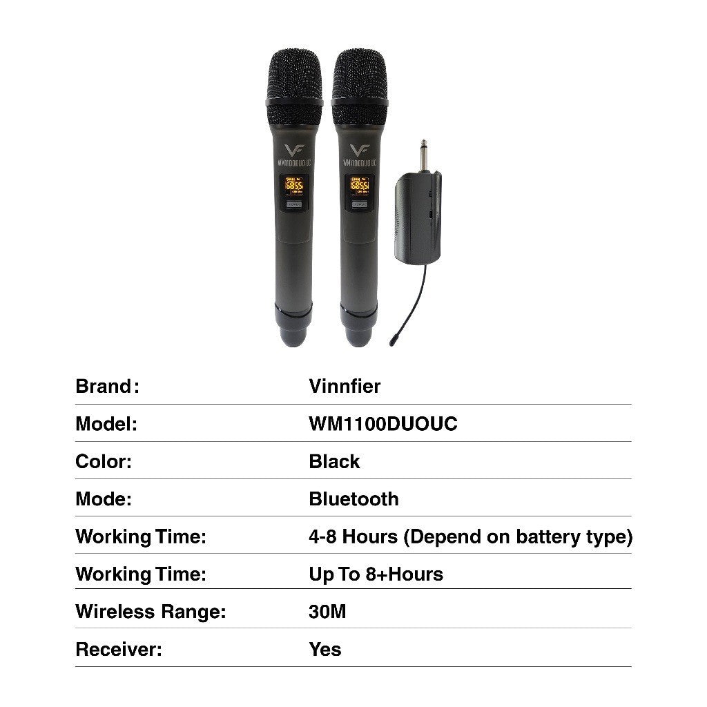 Vinnfier VF WM1100DUOUC Professional UHF Wireless Microphone with Rechargeable Transmitter Karaoke Mic