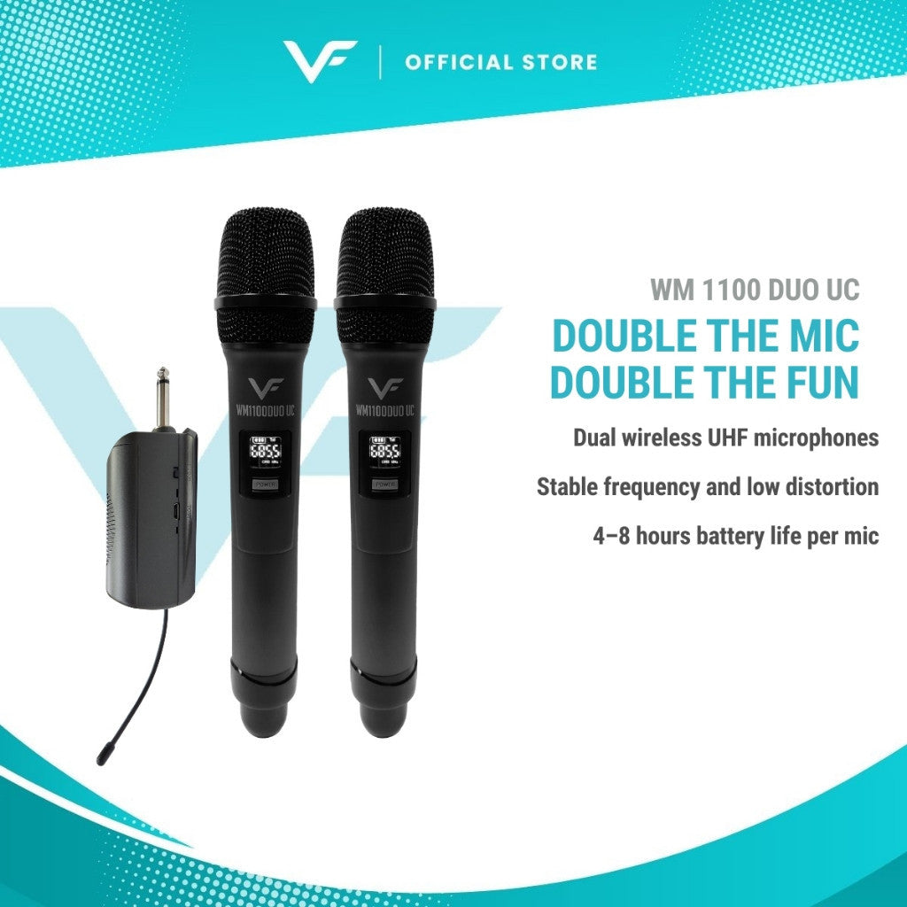 Vinnfier VF WM1100DUOUC Professional UHF Wireless Microphone with Rechargeable Transmitter Karaoke Mic