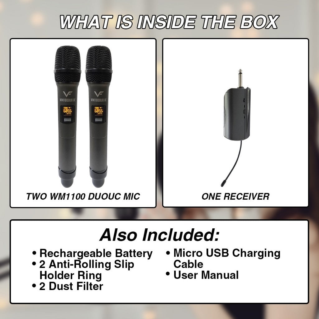 Vinnfier VF WM1100DUOUC Professional UHF Wireless Microphone with Rechargeable Transmitter Karaoke Mic