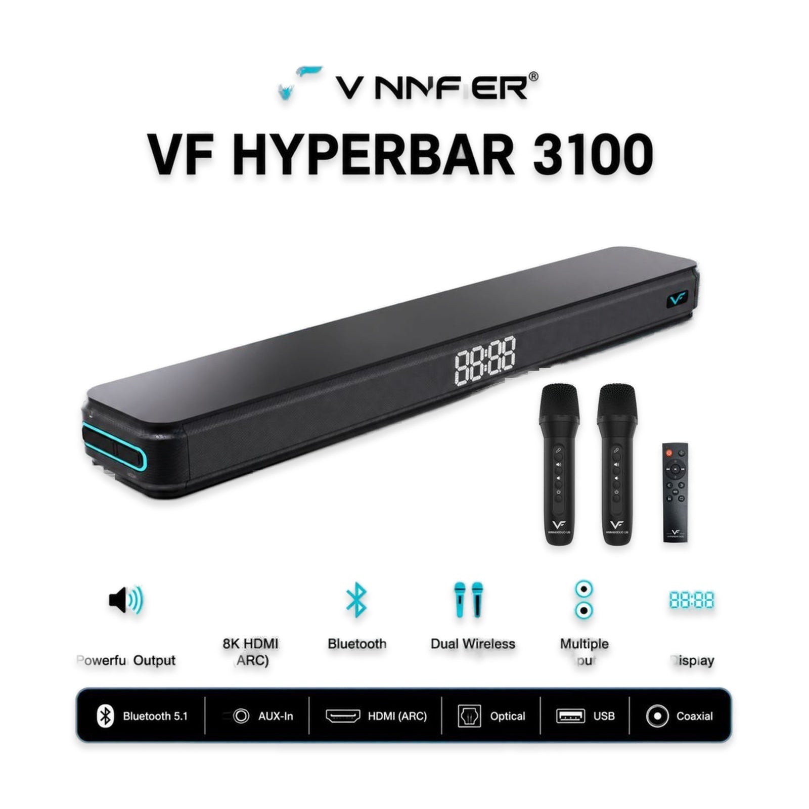 Vinnfier Hyperbar 3100 200W Karaoke Soundbar with 2 Wireless Mics & 8K HDMI ARC