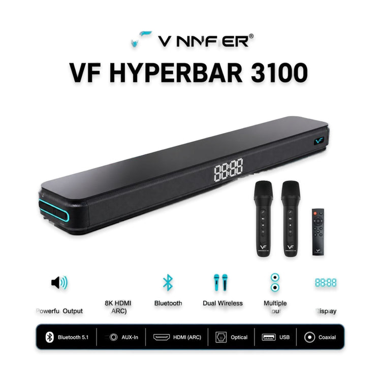 Vinnfier Hyperbar 3100 200W Karaoke Soundbar with 2 Wireless Mics & 8K HDMI ARC