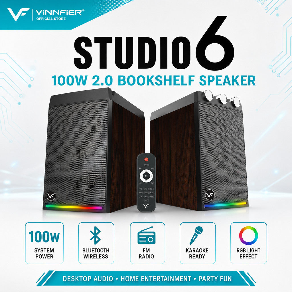 Vinnfier VF Studio 6 Bookshelf RGB Light Effect 100W 2.0 bluetooth speaker FM Radio Karaoke Audio Speaker