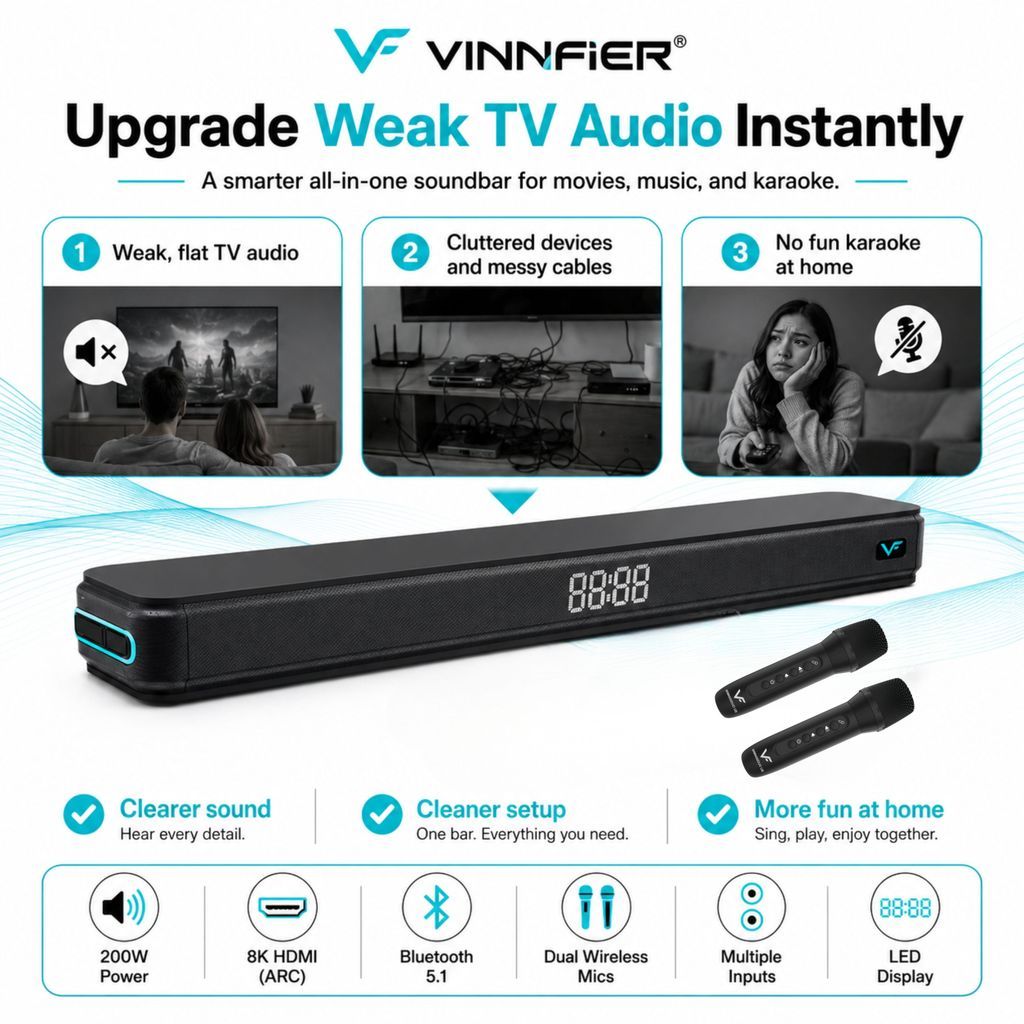 Vinnfier Hyperbar 3100 200W Karaoke Soundbar with 2 Wireless Mics & 8K HDMI ARC