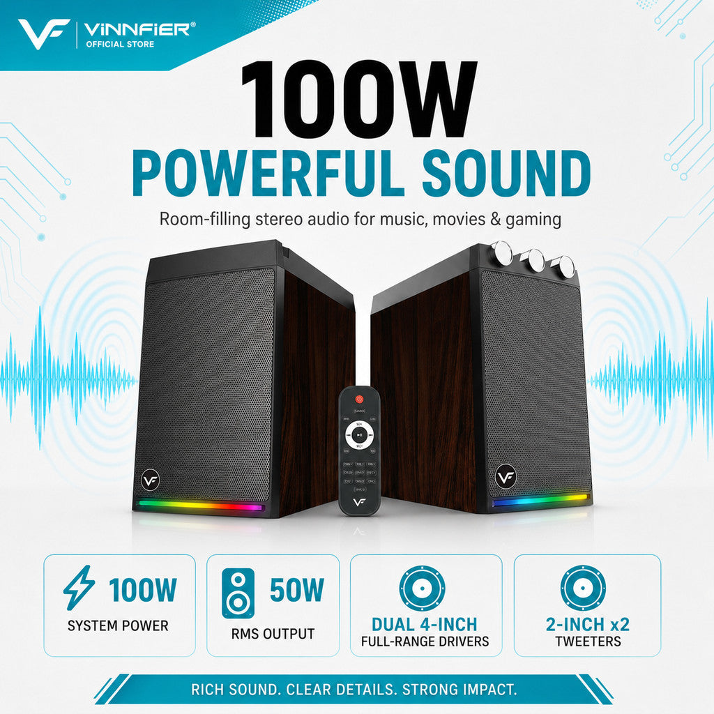 Vinnfier VF Studio 6 Bookshelf RGB Light Effect 100W 2.0 bluetooth speaker FM Radio Karaoke Audio Speaker