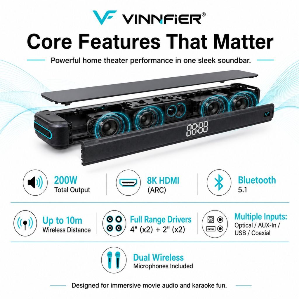 Vinnfier Hyperbar 3100 200W Karaoke Soundbar with 2 Wireless Mics & 8K HDMI ARC