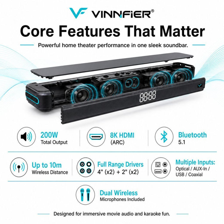 Vinnfier Hyperbar 3100 200W Karaoke Soundbar with 2 Wireless Mics & 8K HDMI ARC