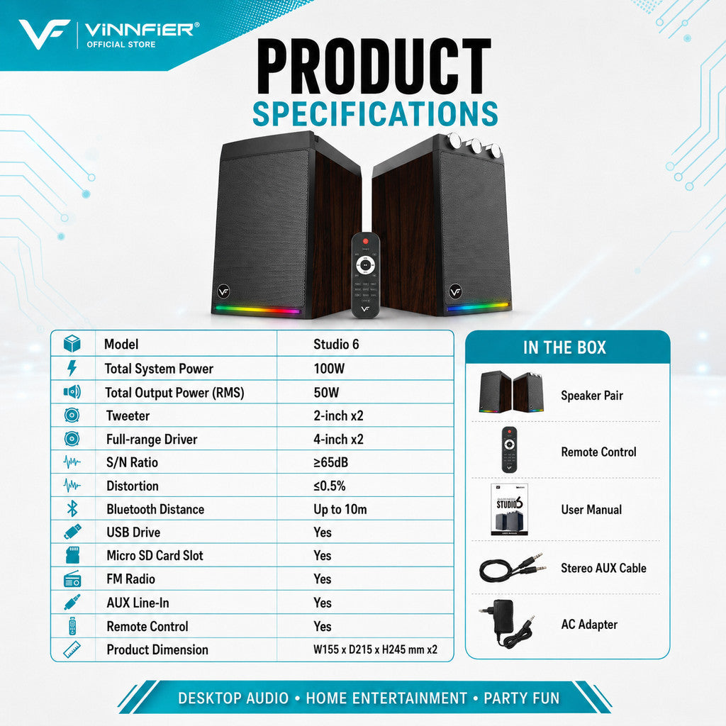 Vinnfier VF Studio 6 Bookshelf RGB Light Effect 100W 2.0 bluetooth speaker FM Radio Karaoke Audio Speaker