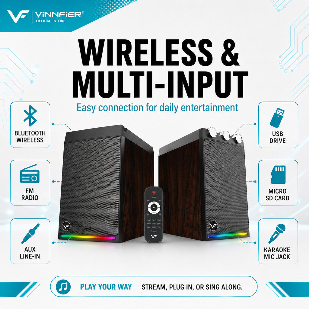 Vinnfier VF Studio 6 Bookshelf RGB Light Effect 100W 2.0 bluetooth speaker FM Radio Karaoke Audio Speaker