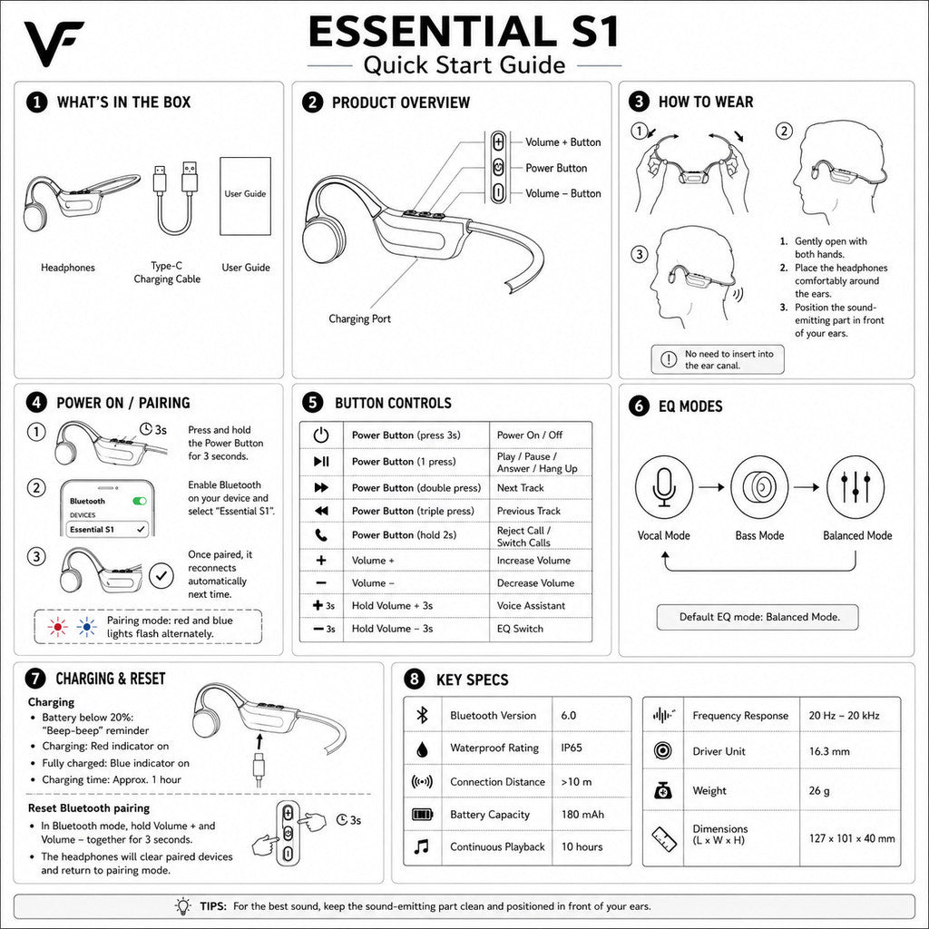 Vinnfier VF ESSENTIAL S1 Bone Conduction Headphones 16.3mm Driver Bluetooth 6.0 IP65 Workouts, Cycling, and Running