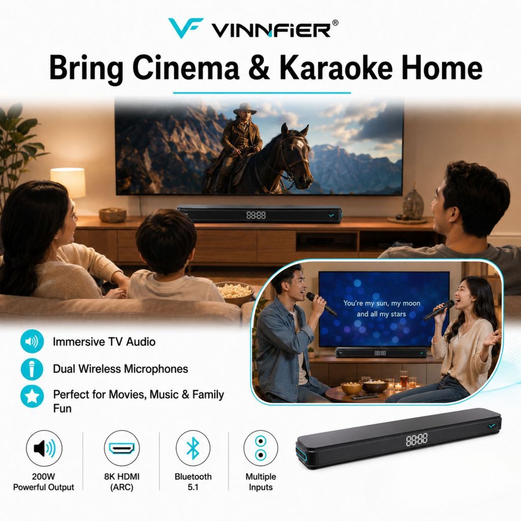 Vinnfier Hyperbar 3100 200W Karaoke Soundbar with 2 Wireless Mics & 8K HDMI ARC