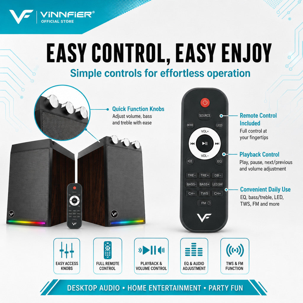 Vinnfier VF Studio 6 Bookshelf RGB Light Effect 100W 2.0 bluetooth speaker FM Radio Karaoke Audio Speaker