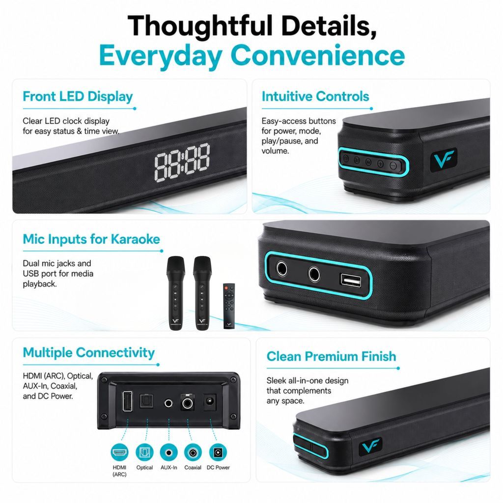 Vinnfier Hyperbar 3100 200W Karaoke Soundbar with 2 Wireless Mics & 8K HDMI ARC