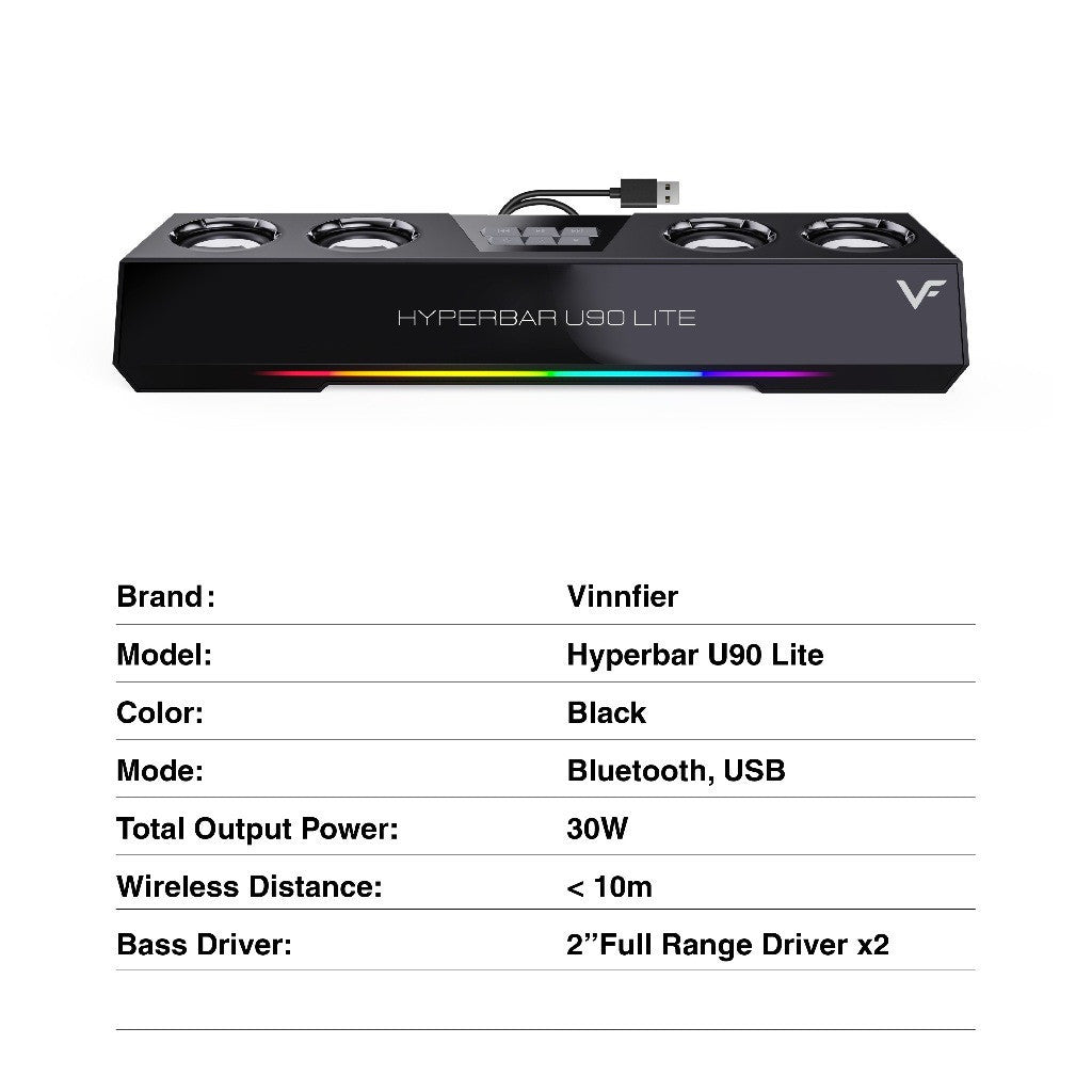 Vinnfier VF Hyperbar U90 Lite RGB Bluetooth Audio USB Powered Soundbar with Bass Boost for PC Laptop Smart TV