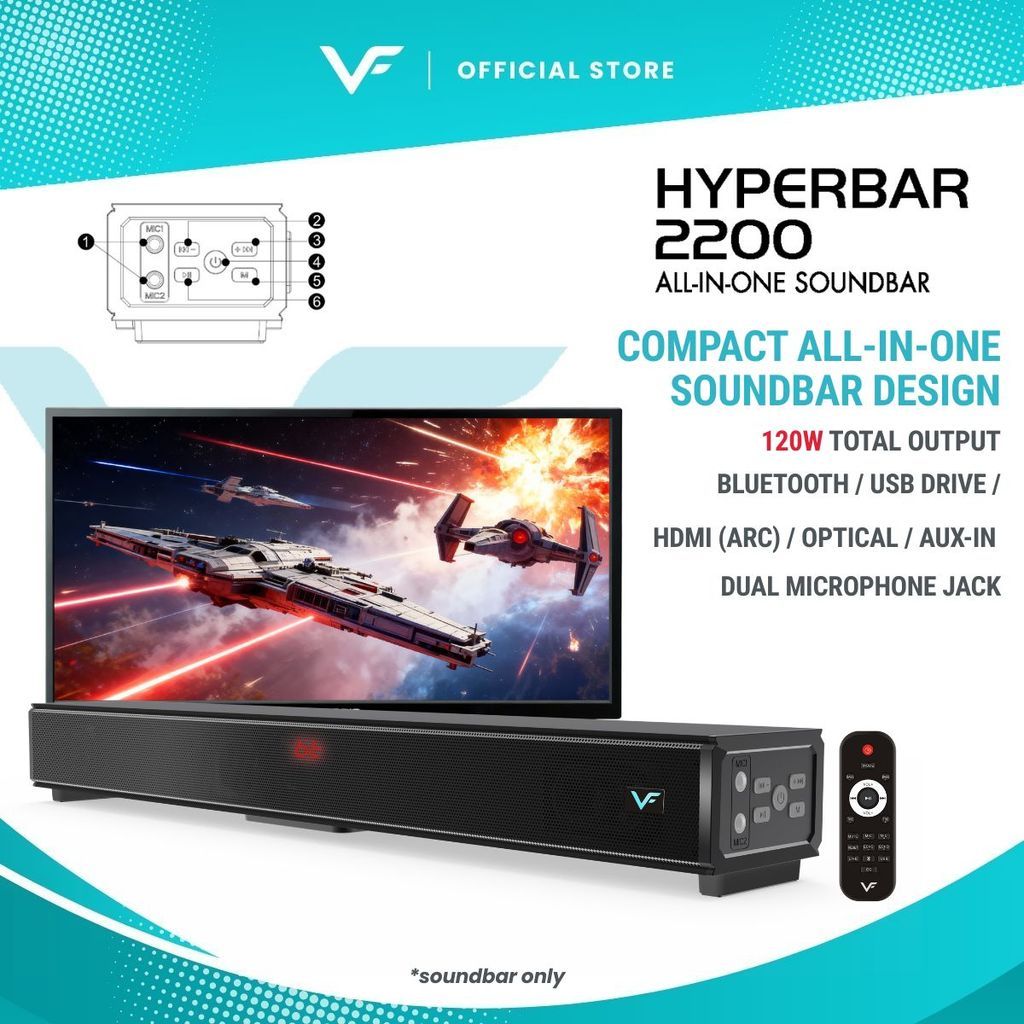 Vinnfier VF Hyperbar 2200 120W Soundbar 2.1 Channel Karaoke Speaker Bluetooth 5.0, HDMI (ARC) Optical, USB, AUX