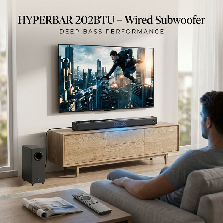 Vinnfier HYPERBAR 202 BTU 100W Soundbar with Wired Subwoofer built-in LED clock display Deep Bass Performance EQ Modes