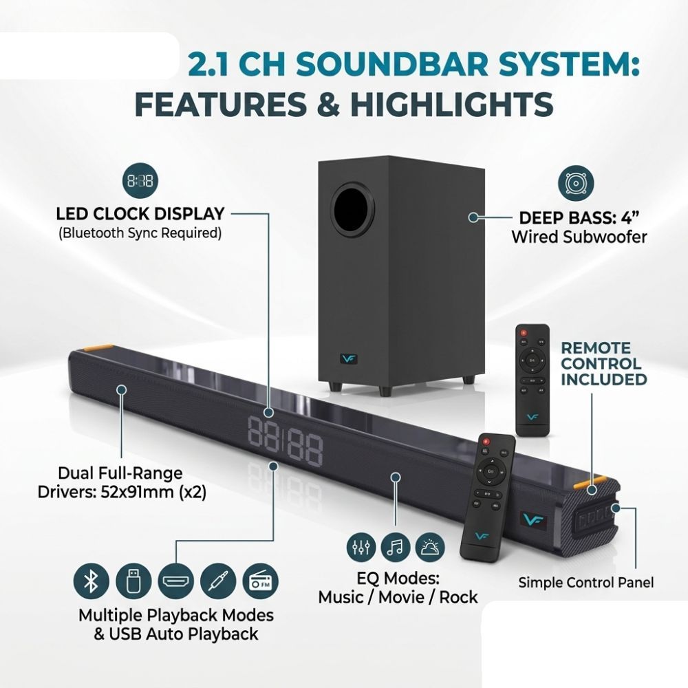 Vinnfier HYPERBAR 202 BTU 100W Soundbar with Wired Subwoofer built-in LED clock display Deep Bass Performance EQ Modes