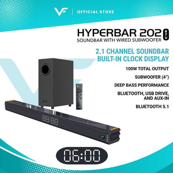 Vinnfier HYPERBAR 202 BTU 100W Soundbar with Wired Subwoofer built-in LED clock display Deep Bass Performance EQ Modes