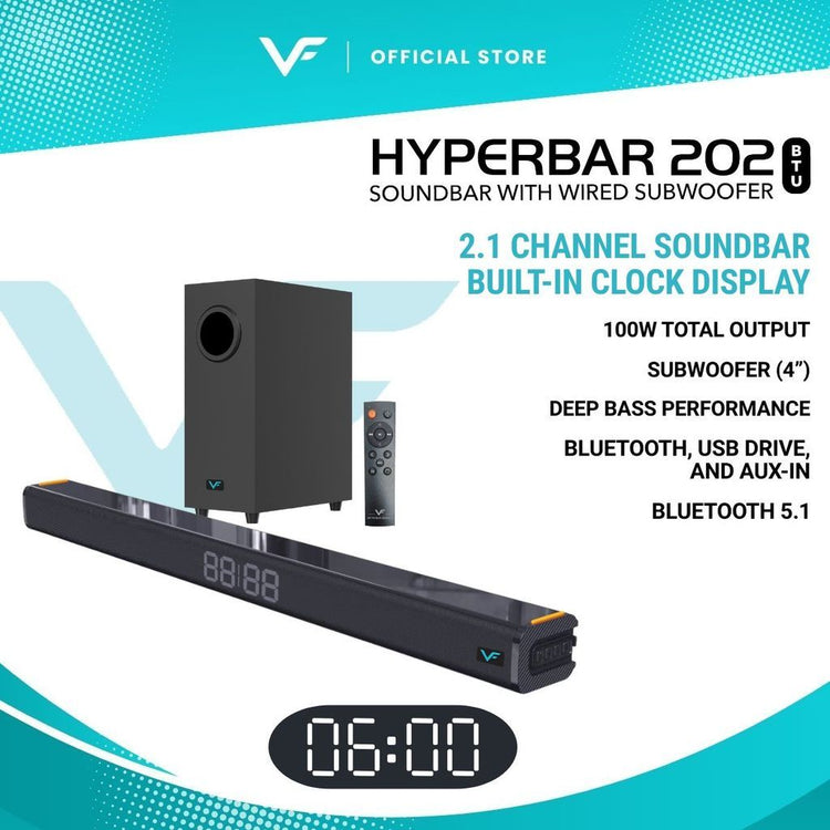 Vinnfier HYPERBAR 202 BTU 100W Soundbar with Wired Subwoofer built-in LED clock display Deep Bass Performance EQ Modes